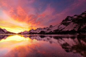 amanecer, lago, paisaje, montañas, invierno