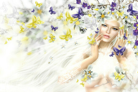 blond, PAPILLON, fleurs, fille, cheveux, printemps, couronne