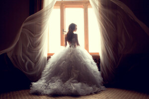 curtains, dress, window, Woman