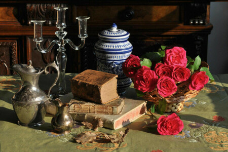 books, candle holder, flowers, pitchers, roses, Still life, style