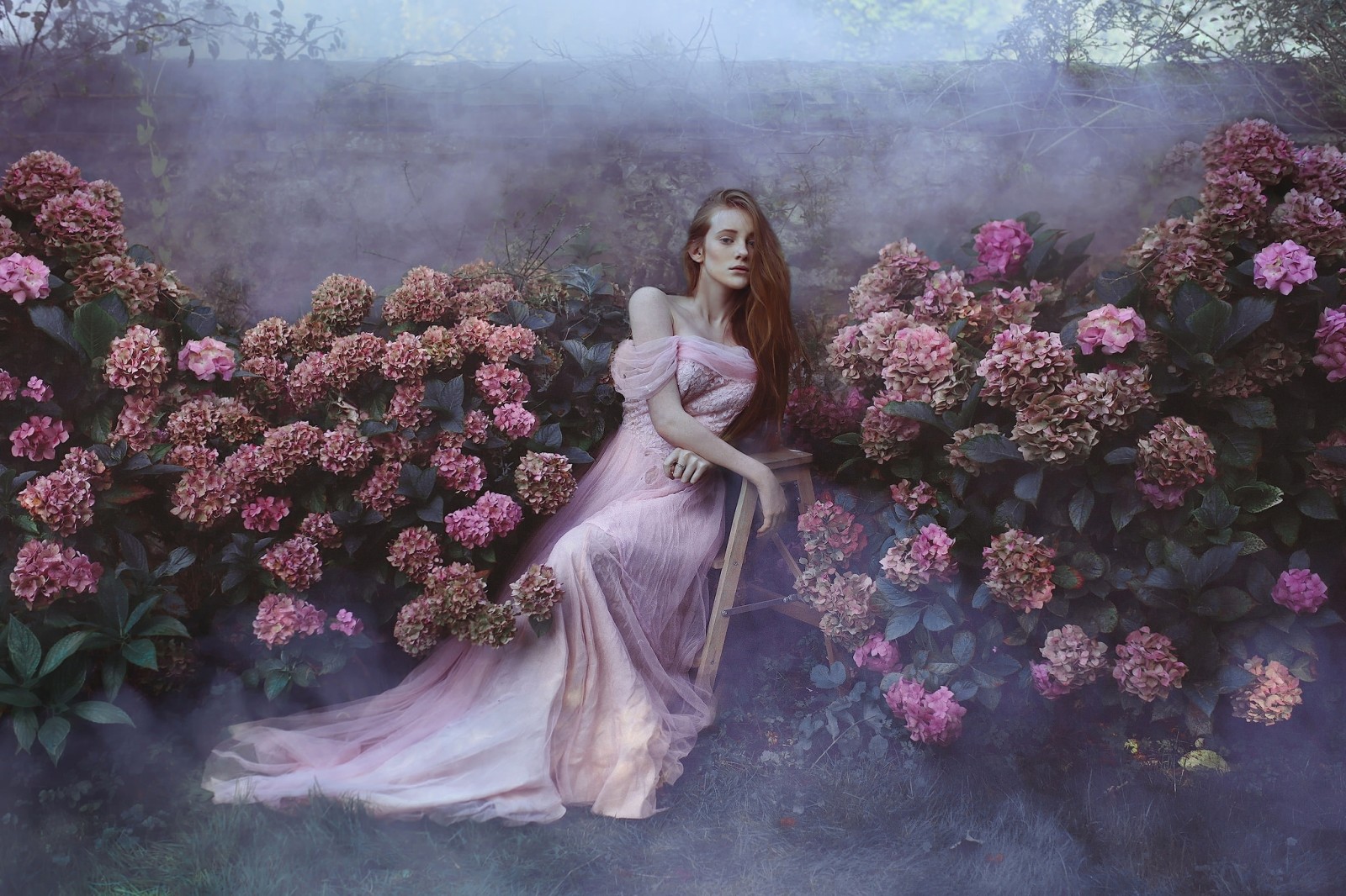 mood, red, flowers, dress, Garden, redhead, hydrangeas