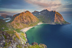 montagnes, Norvège, mer, le soir