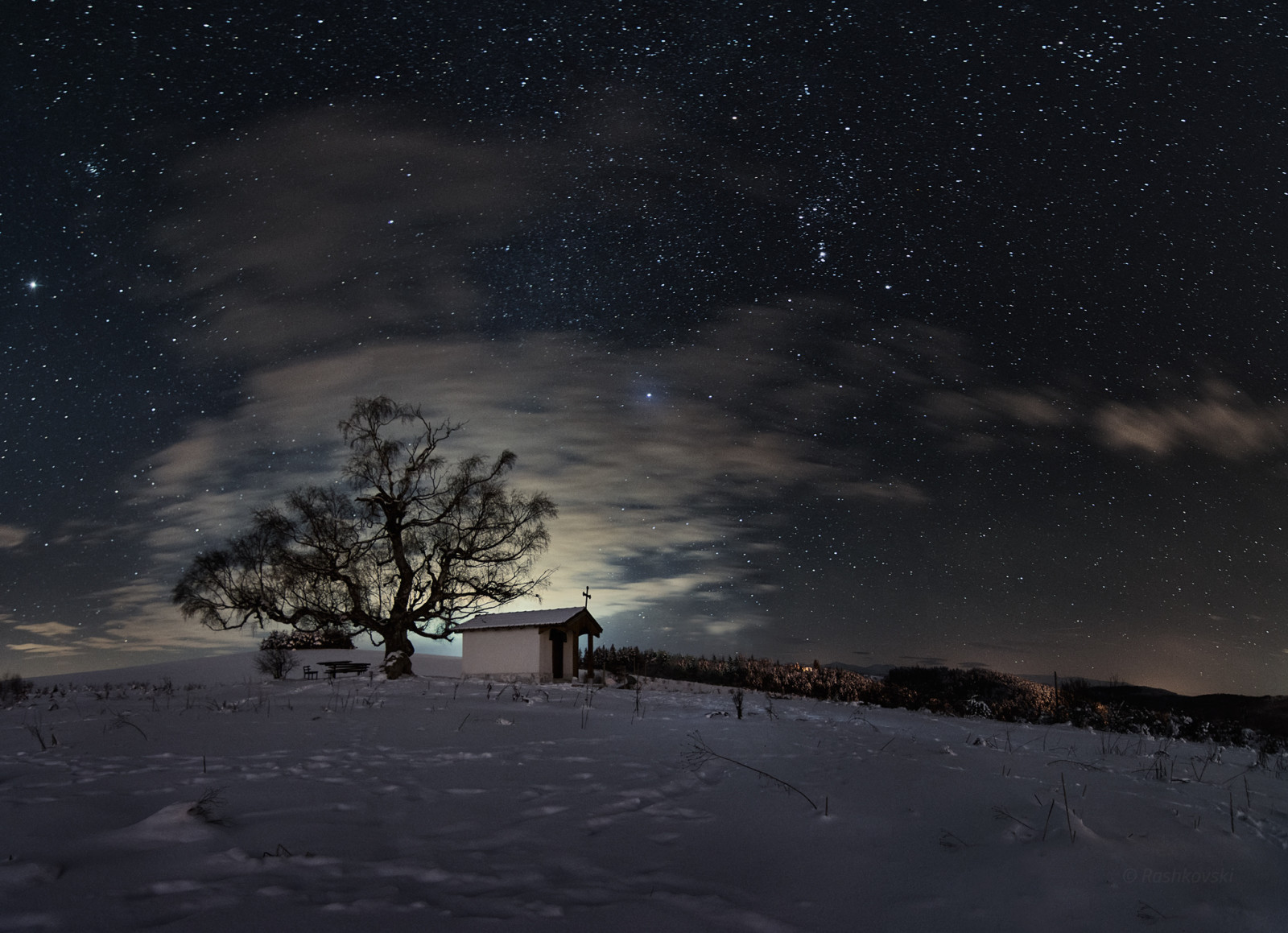 neve, árvore, o céu, inverno, campo, noite, estrelas, capela