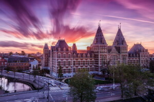 architecture, rivière, route, rue, le coucher du soleil, le bâtiment, la ville