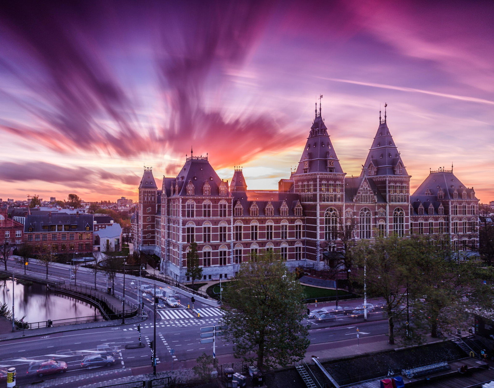 the city, street, the building, river, sunset, road, architecture