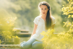 autumn, eyes, face, feet, girl, jeans, light, look