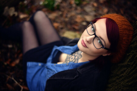 fille, des lunettes, maquillage, Mlle Froggi, encolure, ma chérie, prend, tatouage