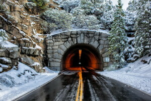 bestrating, sneeuw, tunnel, gele lijnen