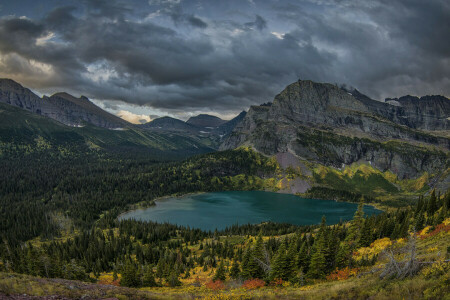 nuvens, lago, montanhas, o céu, árvores