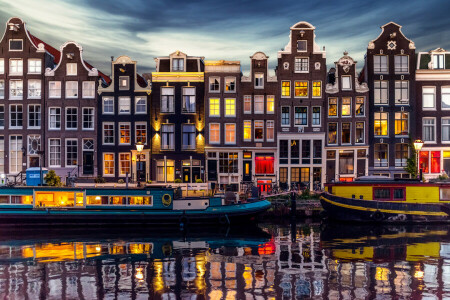 Amsterdam, channel, home, lights, Netherlands, the city, the evening