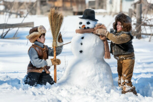 Niños, tapas, niños, sombrero, Año nuevo, nieve, monigote de nieve, suéter