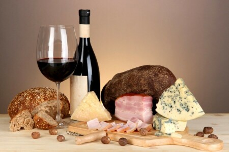 bread, cheese, ham, nuts, red, wine