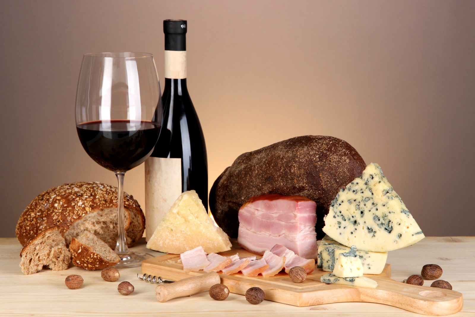 ham, red, cheese, wine, bread, nuts