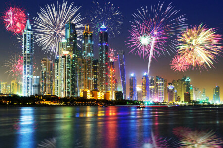 Dubai, fiesta, luces, Año nuevo, noche, paseo, saludo, rascacielos