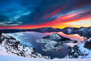 Crater Lake, sø, landskab, sne, Solopgang, vinter