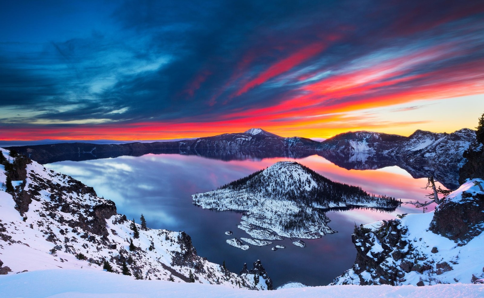 sneh, jazero, zimné, krajina, svitanie, Crater Lake