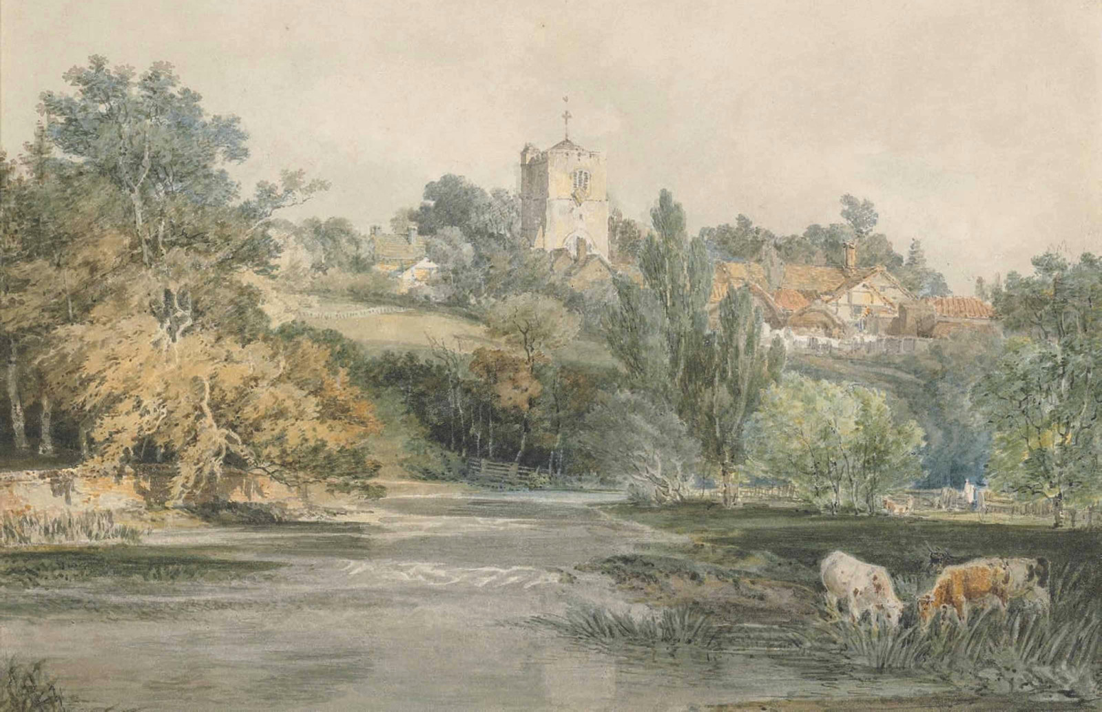 Dům, řeka, krajina, obrázek, vodové barvy, kopec, William Turner, Surrey