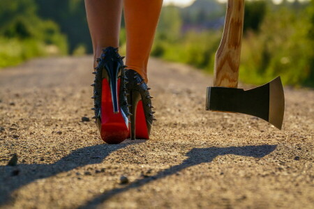 Axe, girl, road