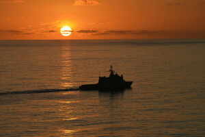 sea, ship, sunset, the sky, the sun