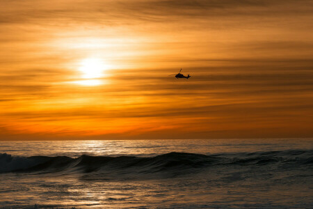 helicopter, night, sea, the sky