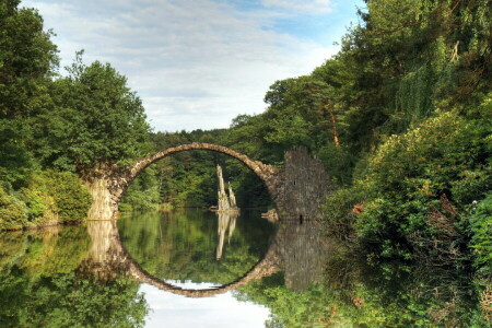 arch, Bridge, Devil's Bridge, Gablenz, Germany, lake, Rakotzbrücke, reflection