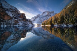 outono, lago, Montanha, reflexão, neve, o céu, inverno