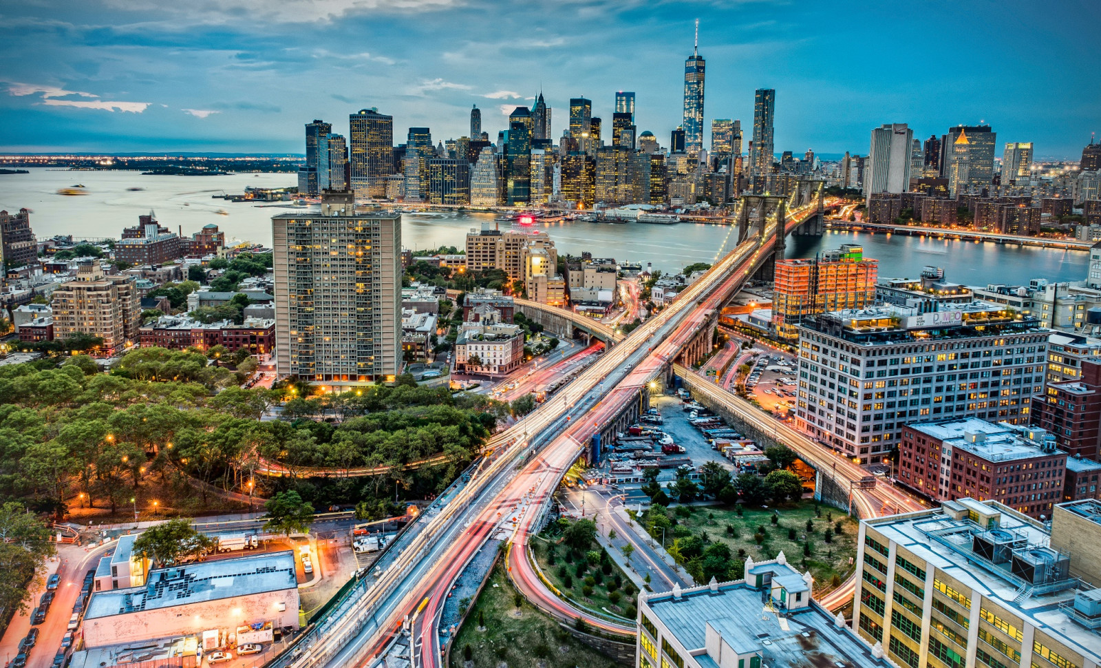 a cidade, luzes, EUA, Nova york, Manhattan, Ponte do Brooklyn