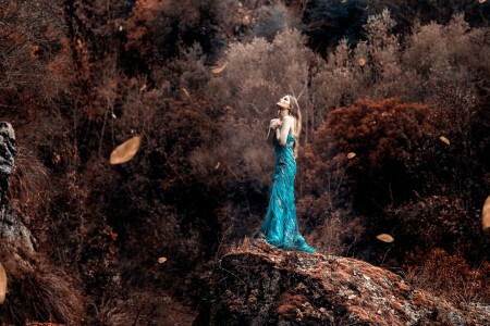 Alessandro Di Cicco, dress, girl, leaves, Ray Of Light, the wind