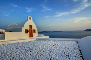 Iglesia, Grecia, isla, montañas, Santorini, mar, el cielo