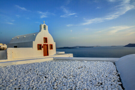 Biserică, Grecia, insulă, munţi, Santorini, mare, cerul