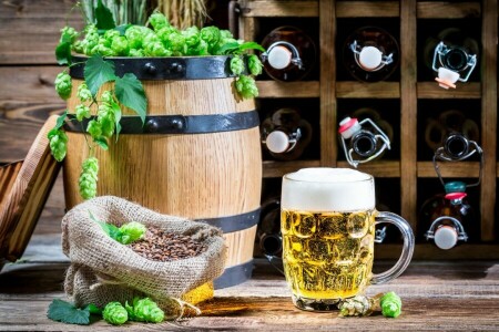 barrel, beer, bottle, Hops, light, mug