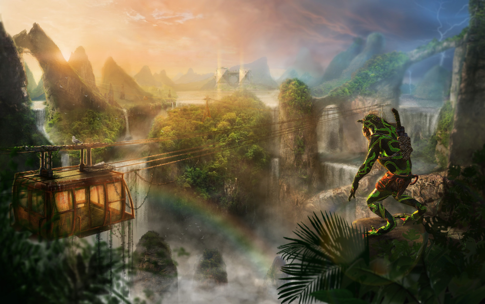 art, mountains, ruins, rainbow, Being, waterfalls, lift, the funicular