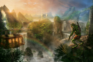 art, Being, lift, mountains, rainbow, ruins, the funicular, waterfalls