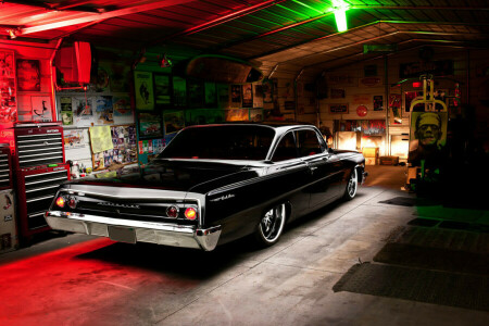 1962, Bel Air, black, Garage, light, Rear, retro, tuning