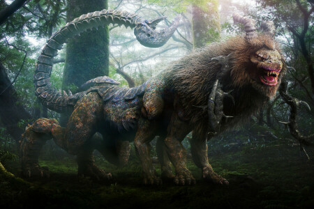 Chimera, forest, head, paws, tail