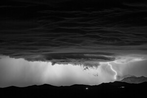 black and white, clouds, element, lightning, mountains, nature, storm, the sky