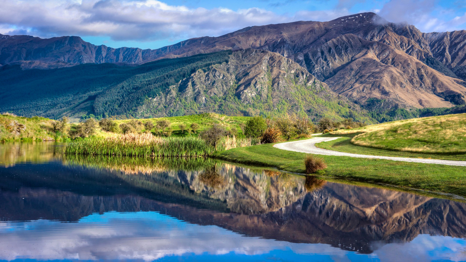 the sky, lake, road, clouds, mountains