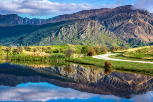 clouds, lake, mountains, road, the sky