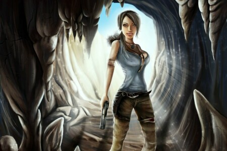 art, cave, girl, gun, Lara Croft, light, Tomb Raider