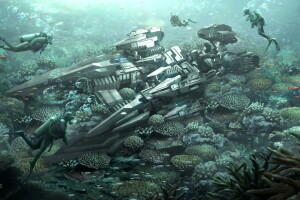 Alien Ship, aliens, coral reef, corals, diver, reef, sea, spaceship