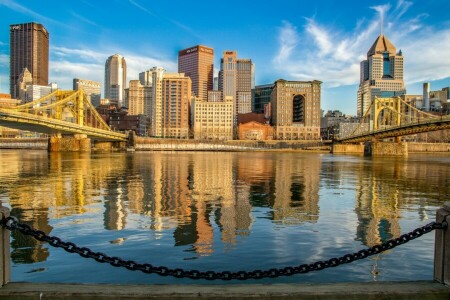 bridges, building, chain, Monongahela River, PA, Pennsylvania, Pittsburgh, promenade