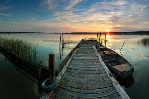 boat, lake, pier, reflection, sunset