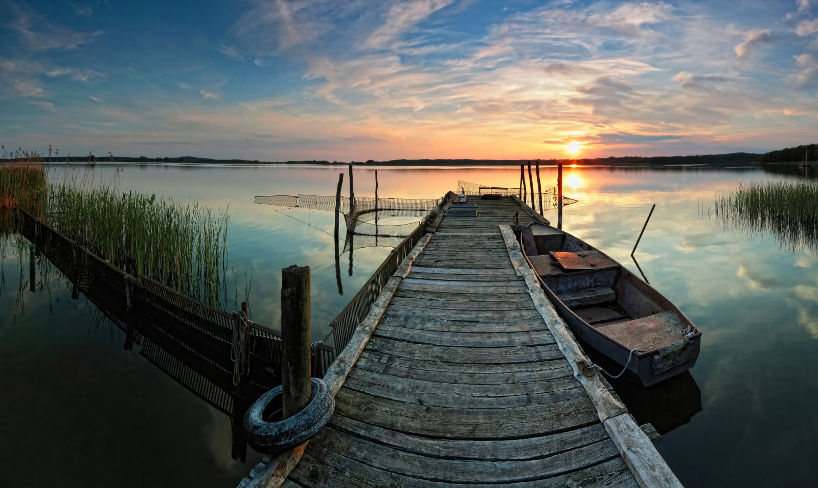 meer, zonsondergang, reflectie, boot, pier