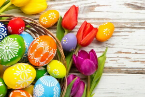 decoración, Pascua de Resurrección, huevos, flores, contento, primavera, tulipanes