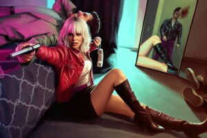 arte, Atomic Blonde, letto, sangue, Charlize Theron, piedi, ragazza, pistola