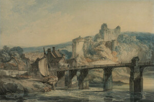 boat, Bridge, Chepstow Castle, landscape, picture, river, sail, watercolor