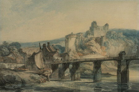 Boot, Brücke, Schloss Chepstow, Landschaft, Bild, Fluss, segeln, Aquarell