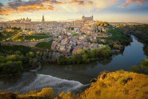 épület, itthon, panoráma, folyó, Spanyolország, Tagus folyó, a Tagus folyó, Toledo