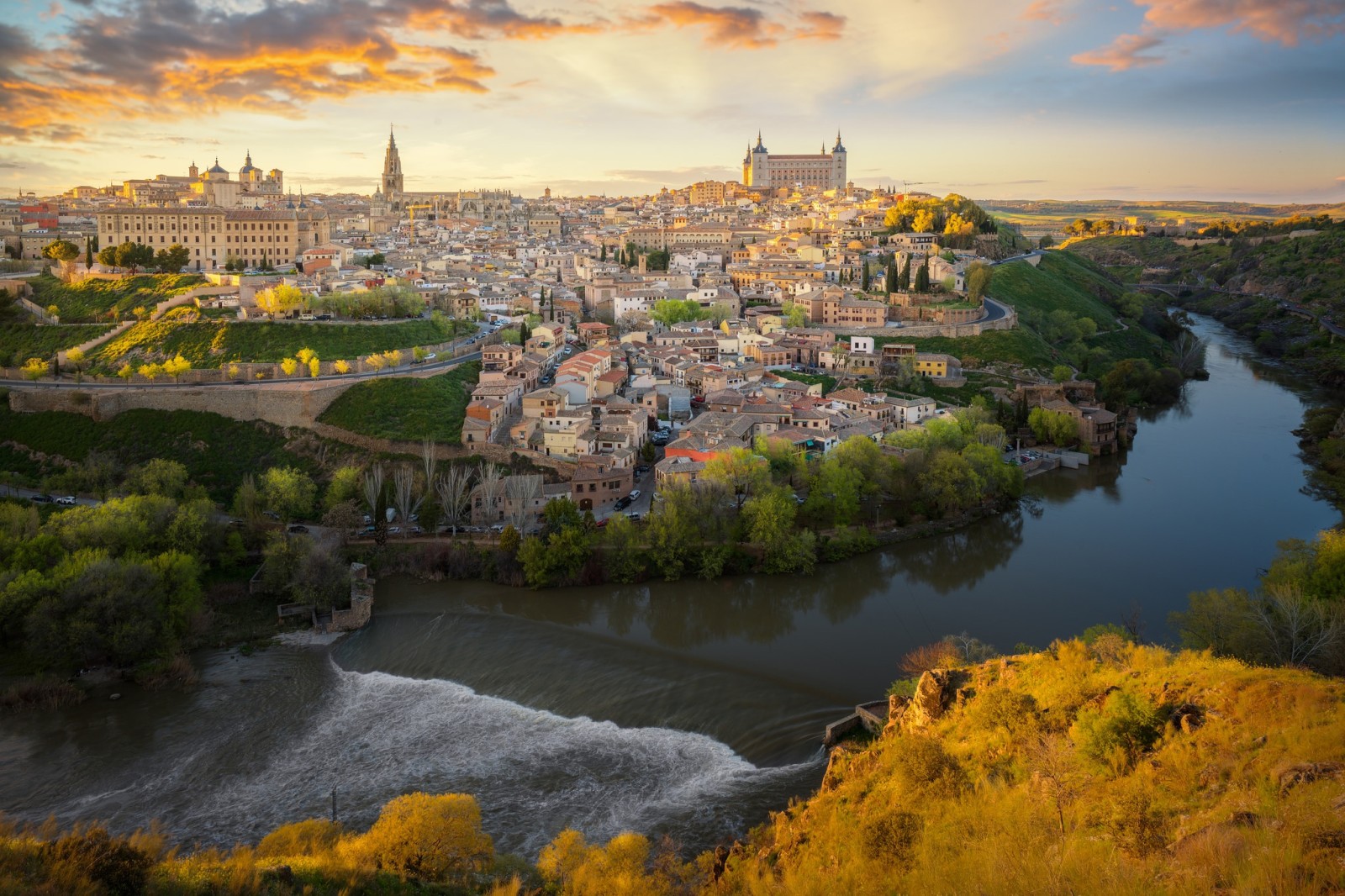 río, hogar, panorama, edificio, España, Río Tajo, Toledo, el rio Tajo