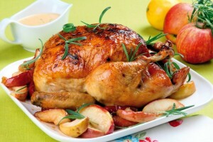 apples, chicken, dish, sauce